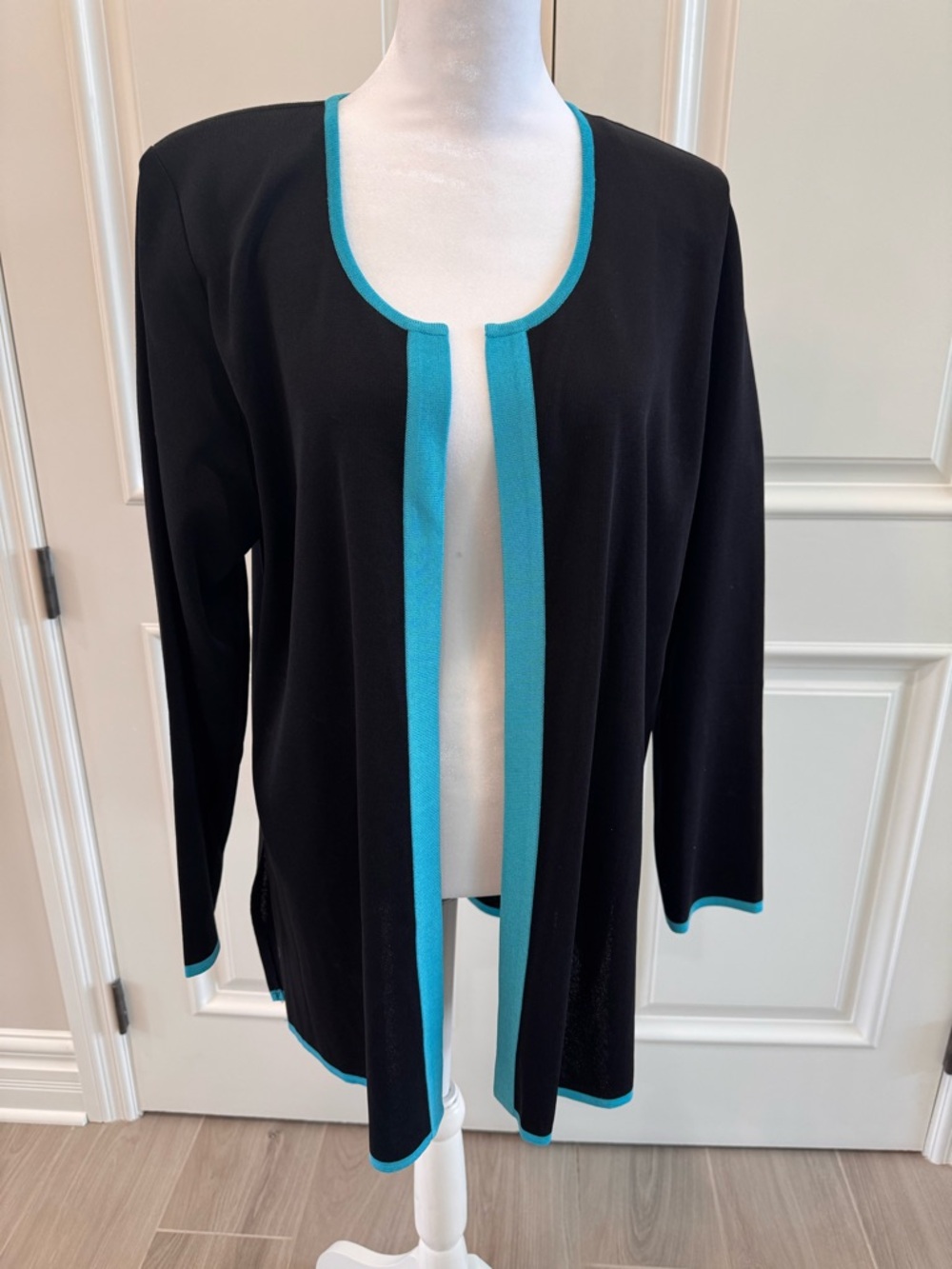 Misook Black Cardigan with Teal Trim